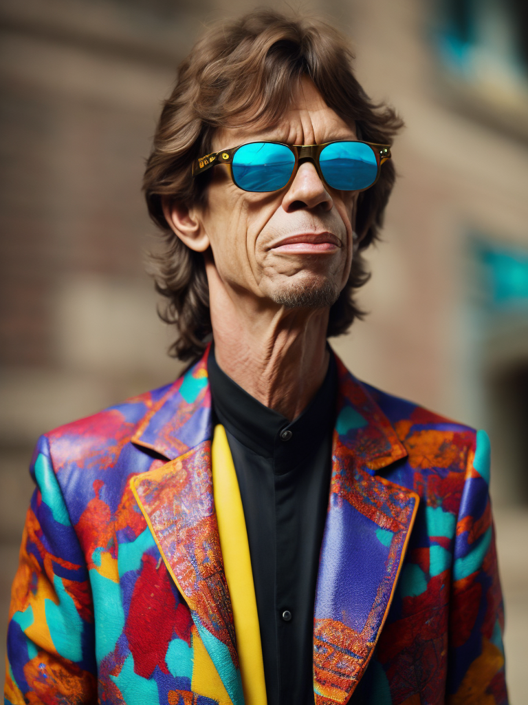 tilt shift photography of Mick Jagger wearing a brightly patterned jacket and wayfarer glasses, Vivid saturated colors, Contrast color