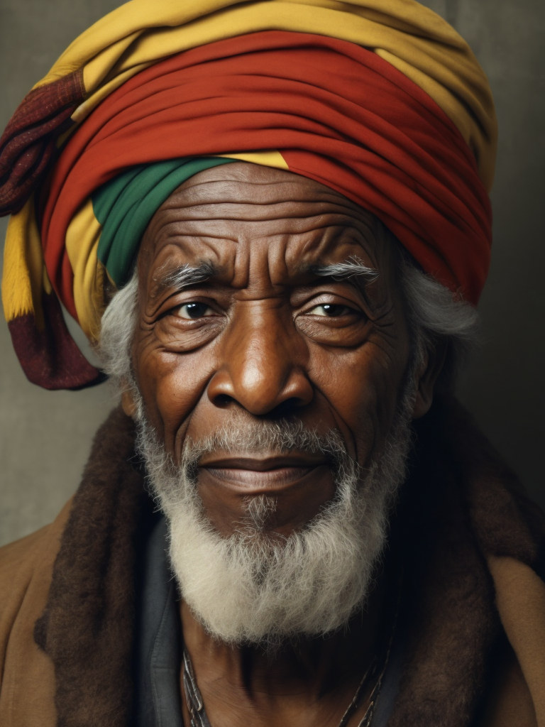 Jamaica's Old Man, portrait, realistic image, lots of details, wearing turban