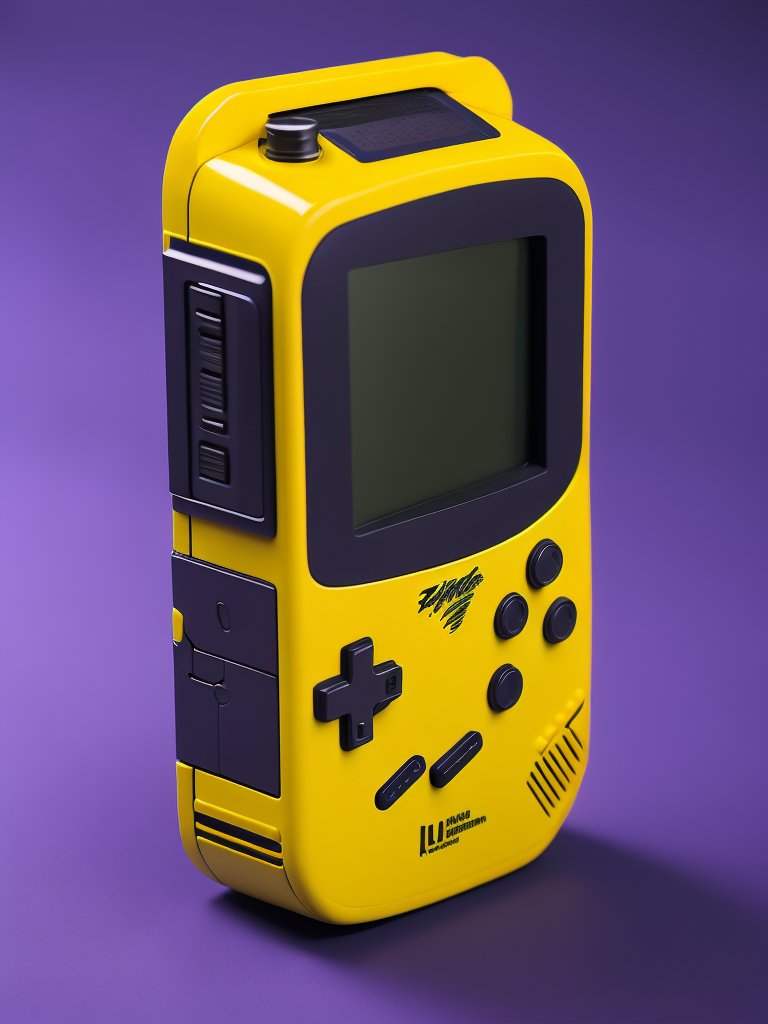 3d pixel retro tiny cute yellow game boy render, purple background