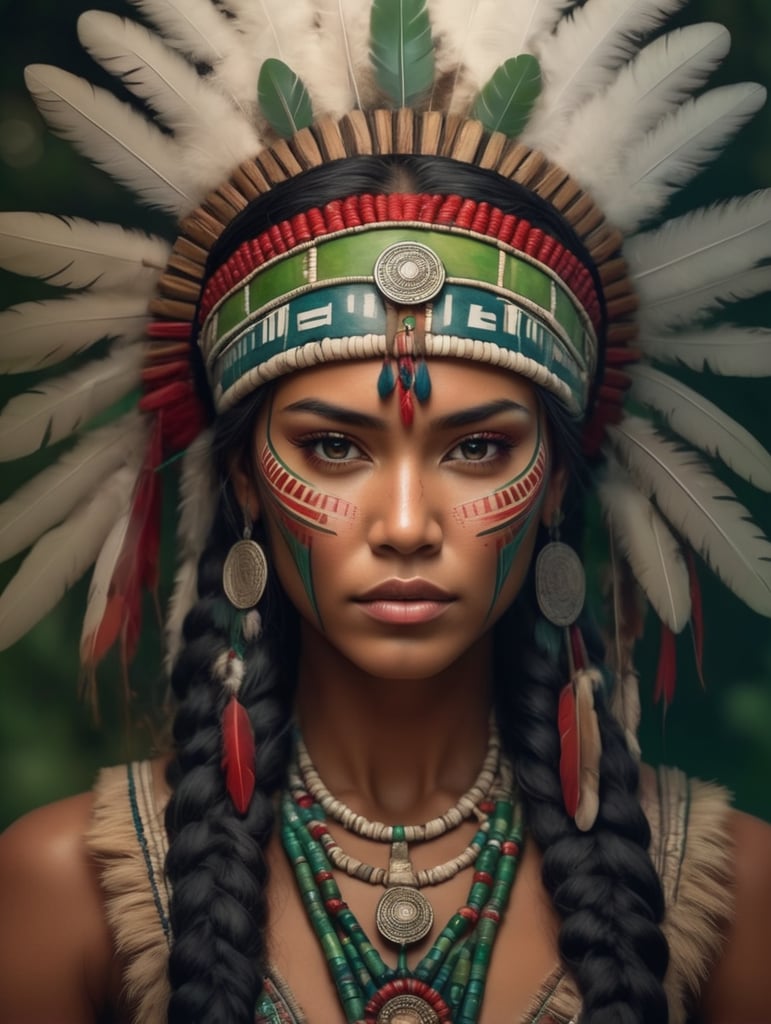 Crie uma cabocla com tranças longas e rosto indígena, de expressão misteriosa. seu cocar deve conte cores verde, vermelho e azul o fundo deve ser de uma mata.