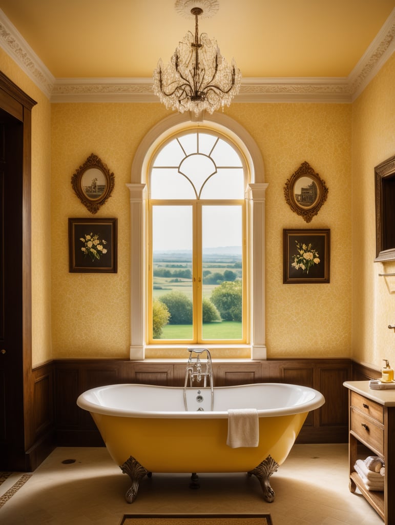 Bathtub in a bathroom of a romantic boutique hotel with yellow wallpaper overlooking the countryside