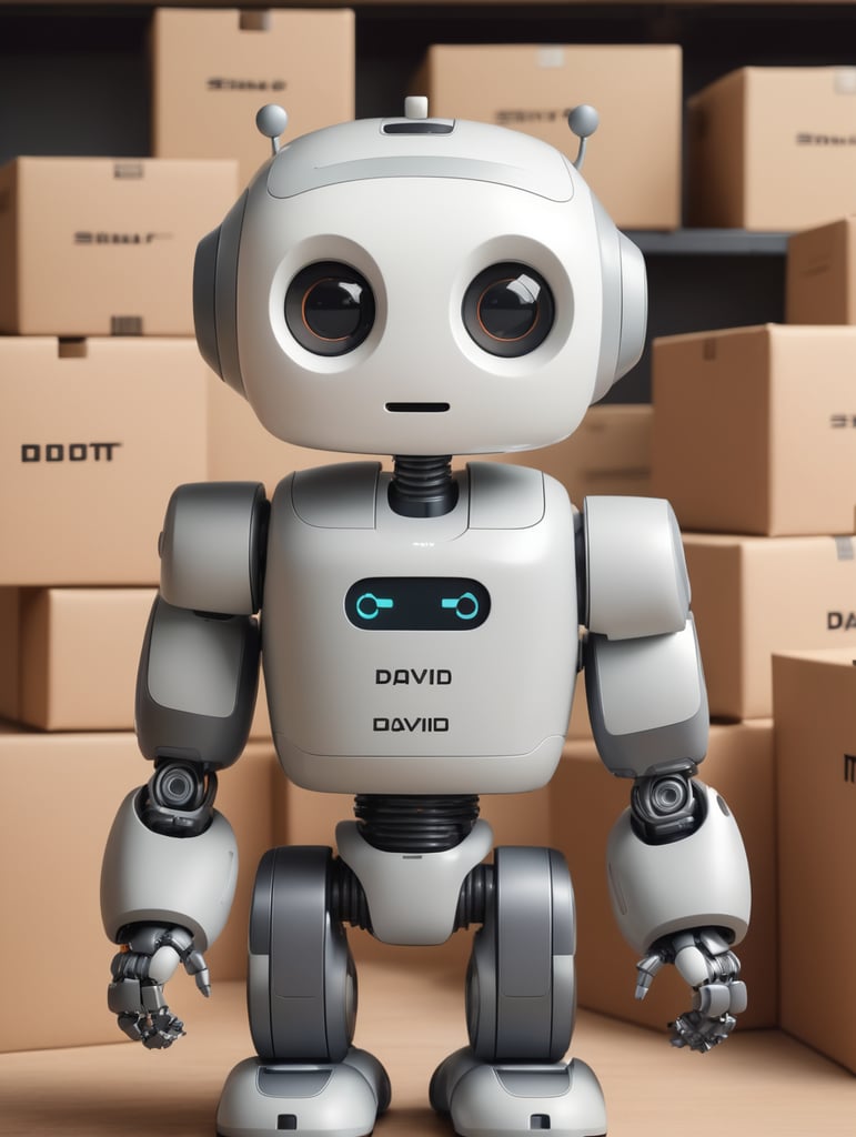 robo que trabalha no estoque, nome davi, com caixas ao fundo, meio fofo, e meio forte