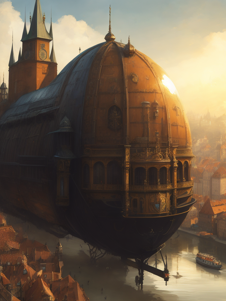 Bird's eye view of Prague, overlooking the river and castles. A steampunk style airship in the foreground. Bright sunny day, rich colors. Rays of the sun.Highly detailed architectural details. Bright lighting, sharp details
