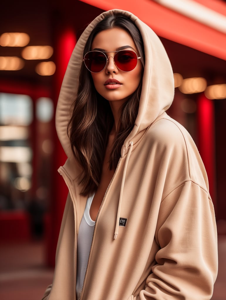 A full-body girl with dark hair dressed in a huge oversized beige hoodie, massive sunglasses with thick frames, wide jeans, massive huge sneakers, red background, contrasting light, bright colors