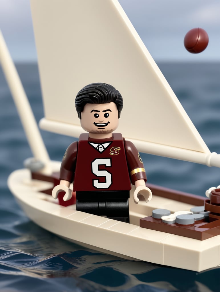 Lego JFK wearing a Florida state seminoles football jersey while sailing