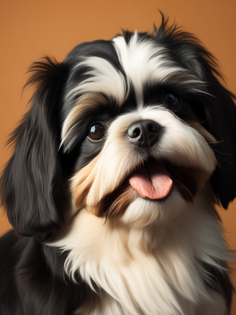 happy female black and white shih tzu dog with tongue out crooked head looking at camera hyper realistic depth of field colorful bright