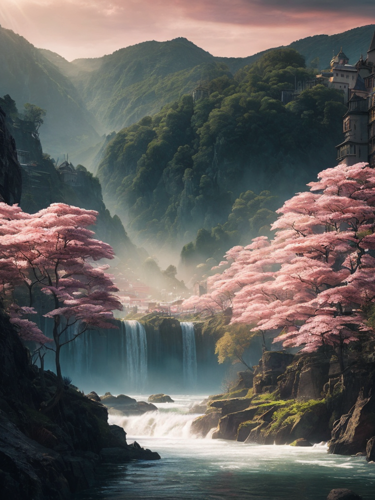a futuristic town with trees, rivers, waterfall, beauty houses, sunshine, pink clouds, dolphins