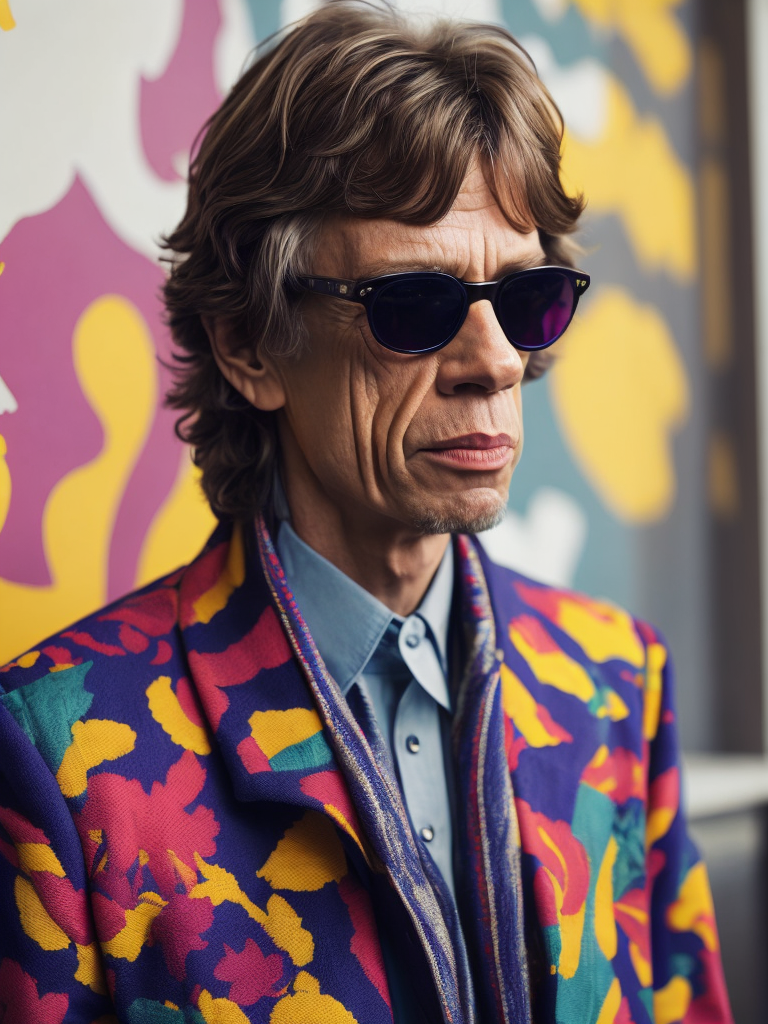 Mick Jagger wearing a brightly patterned jacket and wayfarer glasses, Vivid saturated colors, Contrast color