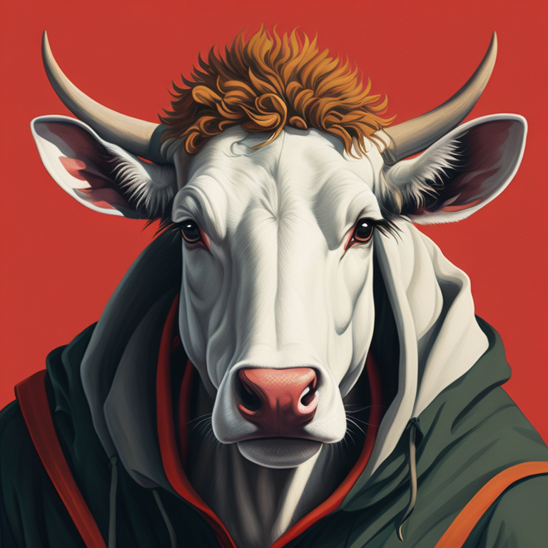 white cow , face smile,portrait, red hoodie, green mohawk, vintage, photorealistic illustration, vector, flat, isolated on white background, Painting, Oil, Still Life, Botanical, Italy, style of Giuseppe Arcimboldo