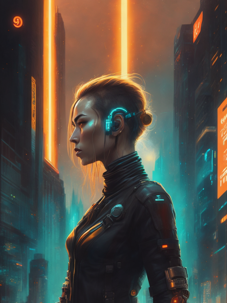 A cyberpunk woman with cybernetic implants, surrounded by neon - lit cityscape reflections, illustration in the style of James Jean