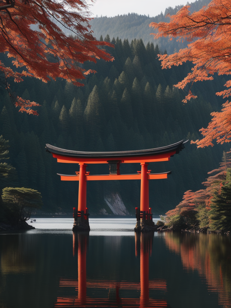 Red torii gate in middle of a lake, Dense forest on the edge of the lake, Bright and saturated colors, Japanese culture, photorealistic, contrast light