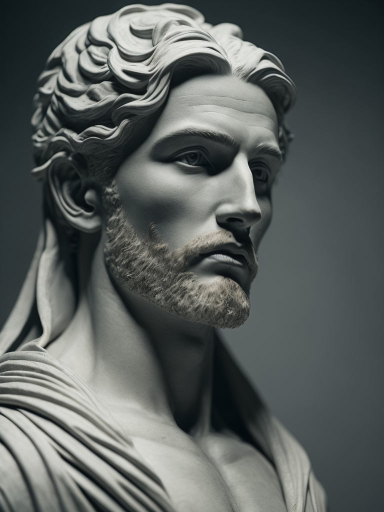 a half of a head of an antique Greek marble statue, sharp on details, dark atmosphere