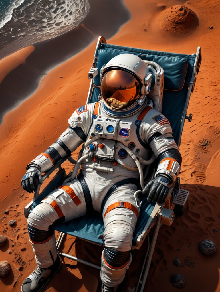 an astronaut resting on mars in a beach chair, photo