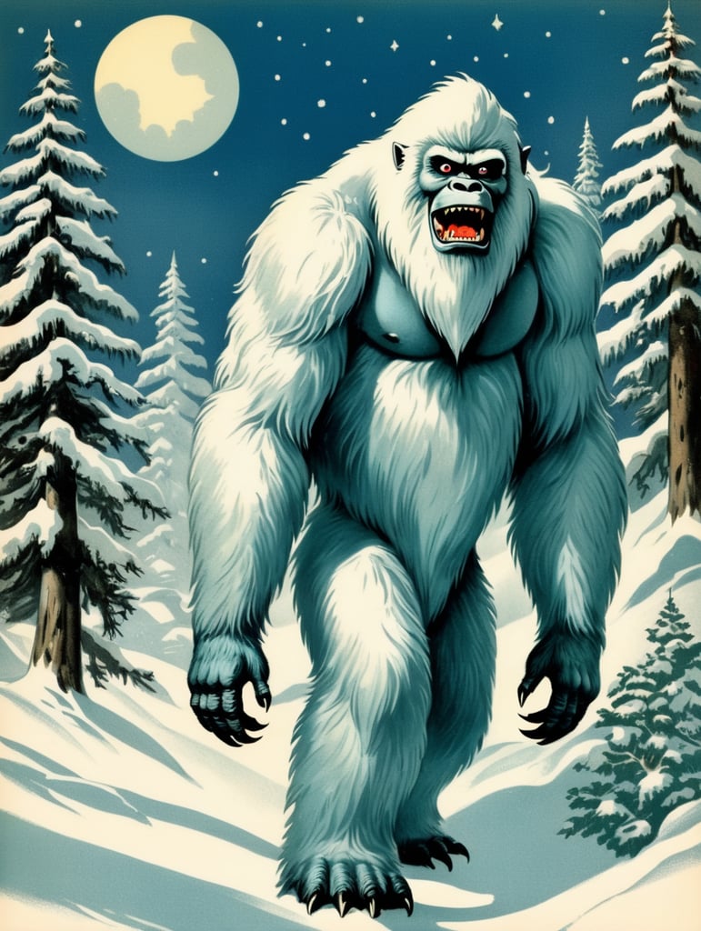 Yeti, Abominable Snowman, vintage Christmas postcard illustration