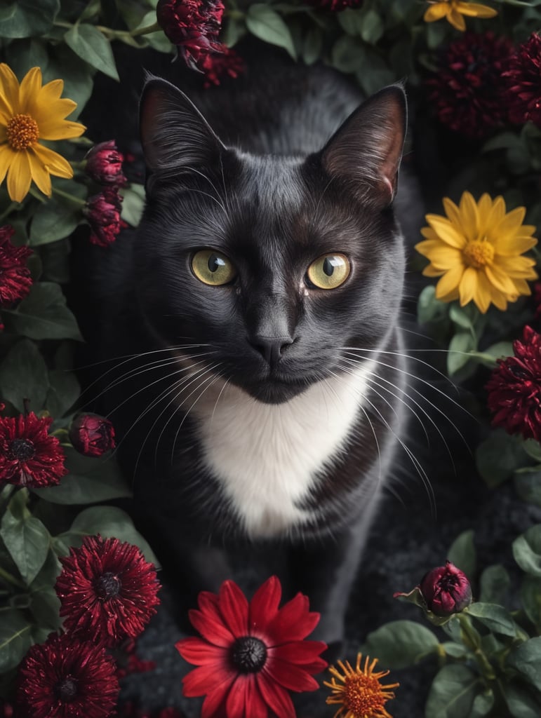 A black cat is surrounded by black flowers and red flowers in a pile of them, looking up at the camera, a stock photo, conceptual art, photorealistic
