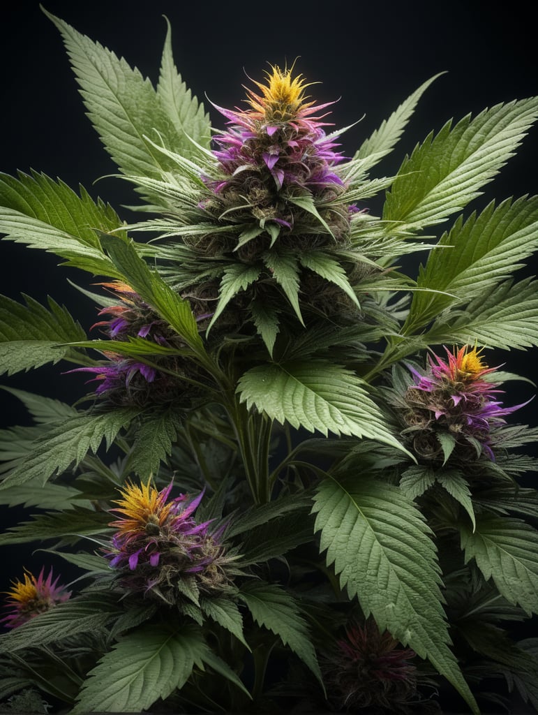 cannabis plant with colorful flowers coming out of it