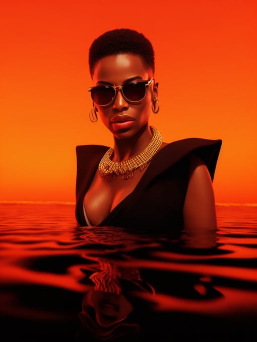 Black female model standing in waist-length black fluid, wearing black fashion dress, red lighting, black sunglasses, thick gold necklace around her neck, short haircut, red-orange background, fashion model, magazine cover, professional shot, magazine photography, bright saturated colors, sharp focus, highly detailed