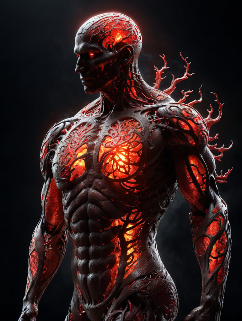 human body silhouette focusing on the vital energy of the head and stomach region, dark background and bright body, energy points in red