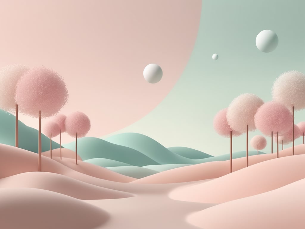 Abstract minimal advertise. dreamy landscape. 3D render copy space spring mockup, Cannon 5D, photorealistic, natural and pastel color, studio photography, studio lightening, HD, hyper realistic