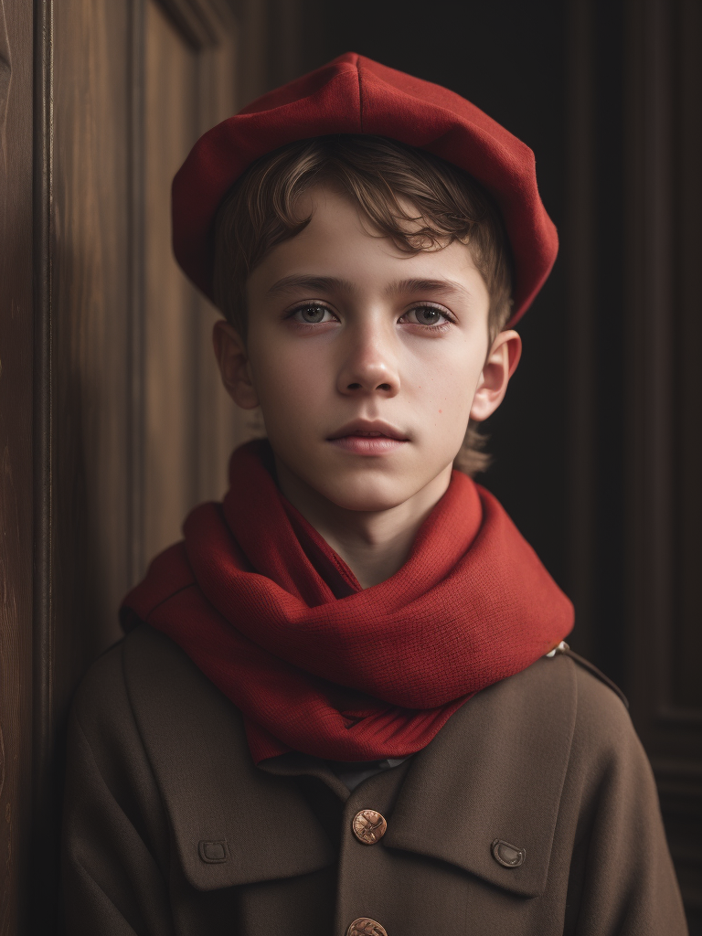 pioneer boy with a red scarf around his neck and a red cap in the style of the artist Jan van Eyck.