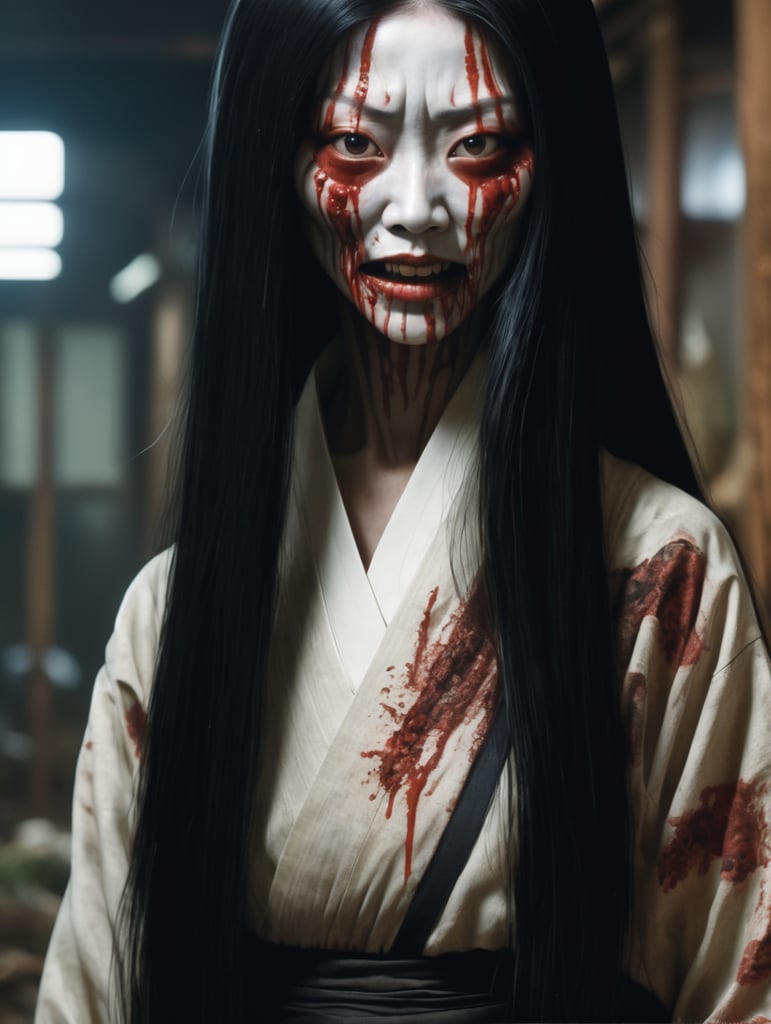 Kuchisake-onna (口裂け女, 'Slit-Mouthed Woman')[1] is a malevolent figure in Japanese urban legends and folklore. Described as the malicious spirit, or onryō, of a woman, she partially covers her face with a mask or other item and carries a pair of scissors, a knife, or some other sharp object. She is most often described as having long, straight, black hair, pale skin, and otherwise being considered beautiful (except for her scar). She has been described as a contemporary yōkai.[ ,Rotting flesh ,hored of flesh horror, ironic, creepy, scary caricature, satire, hyperdetailed illustration by Brian Bolland and iconic, hyperdetailed, digital illustration by Derek Riggs, (iconic, hyperdetailed, haunting digital illustration by Zdzisław Beksiński and Peter Gric. ) and artist Vincent Locke