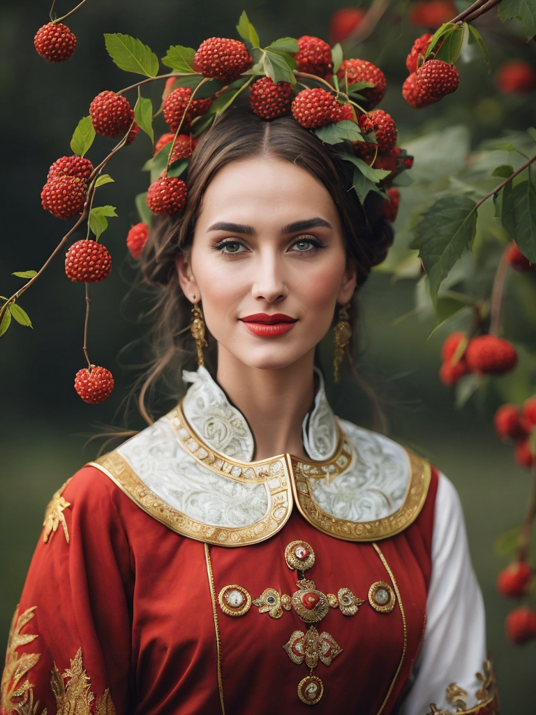 Portrait of a Beautiful women from Russian fairytale wearing traditional costume around bunches of rowan