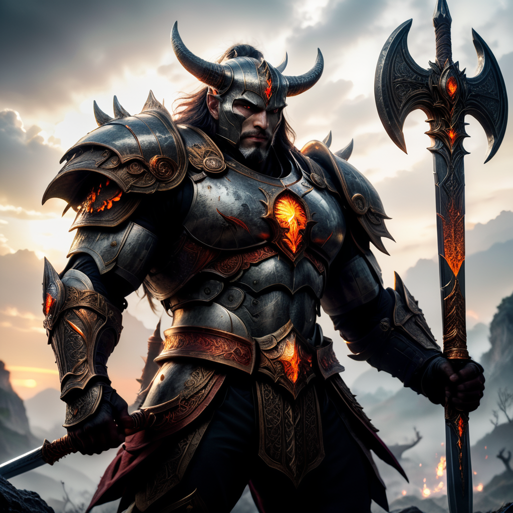 a very strong warrior screaming with fire on his eyes with a big sword in black and white with moon landscape behind lit with fire