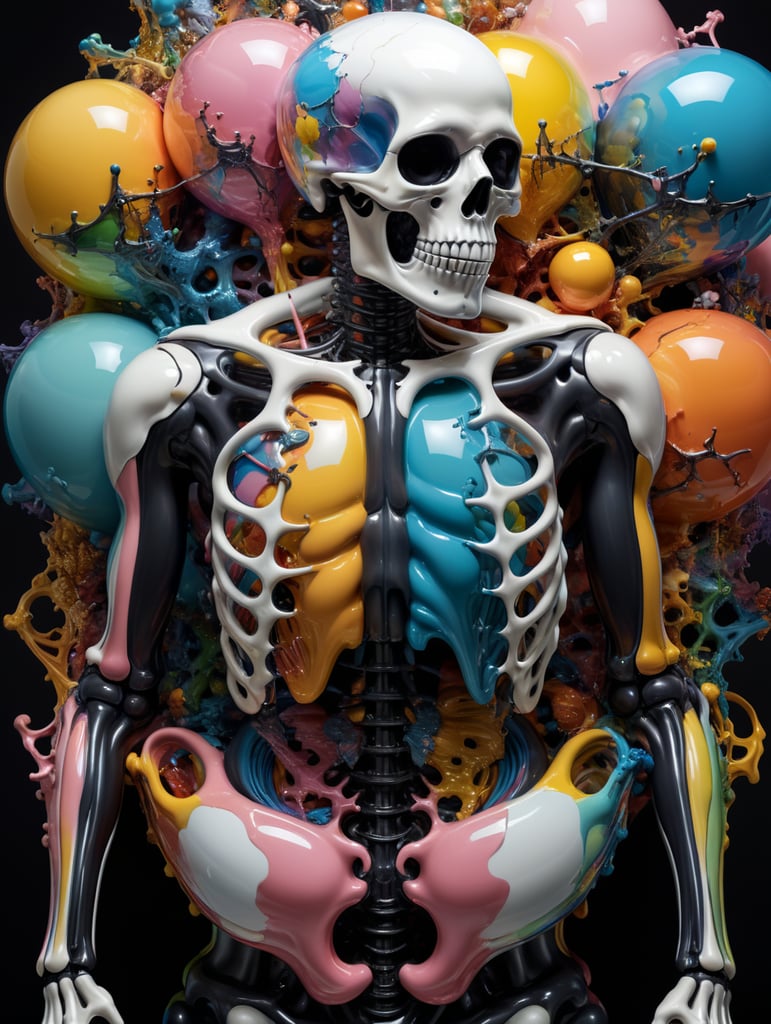damien hirst x antony gormley x jeff koons inflated distorted meshed liquid futuristic pastel skeleton