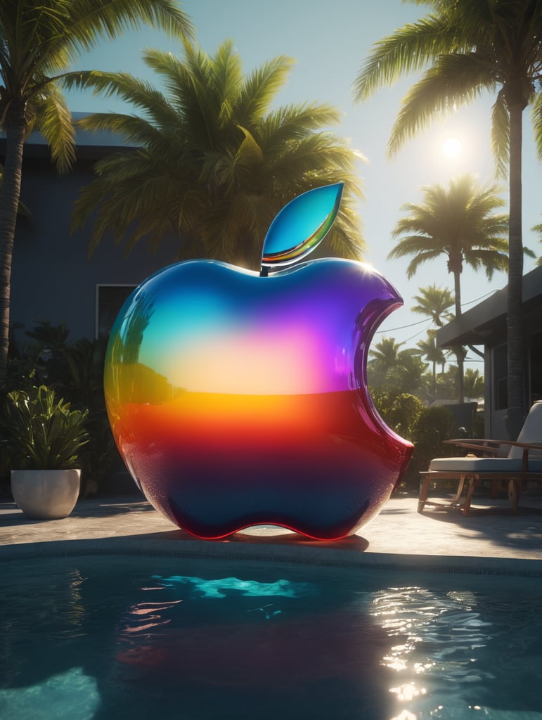 hyper realistic apple imacs as clear plastic pool float with sunlight shining through, neon palette, miami beach, unreal engine, octane render, cinematic lighting, highly detailed miami beach, y2k, bright colors, hyperrealistic, low angle, 16k, 8K UHD, 8K texture, cinematic, rim lighting, neon palette, color theory, dramatic, volumetric lighting, 35 mm, in focus, unreal engine, highly detailed, octane render, ultra high resolution