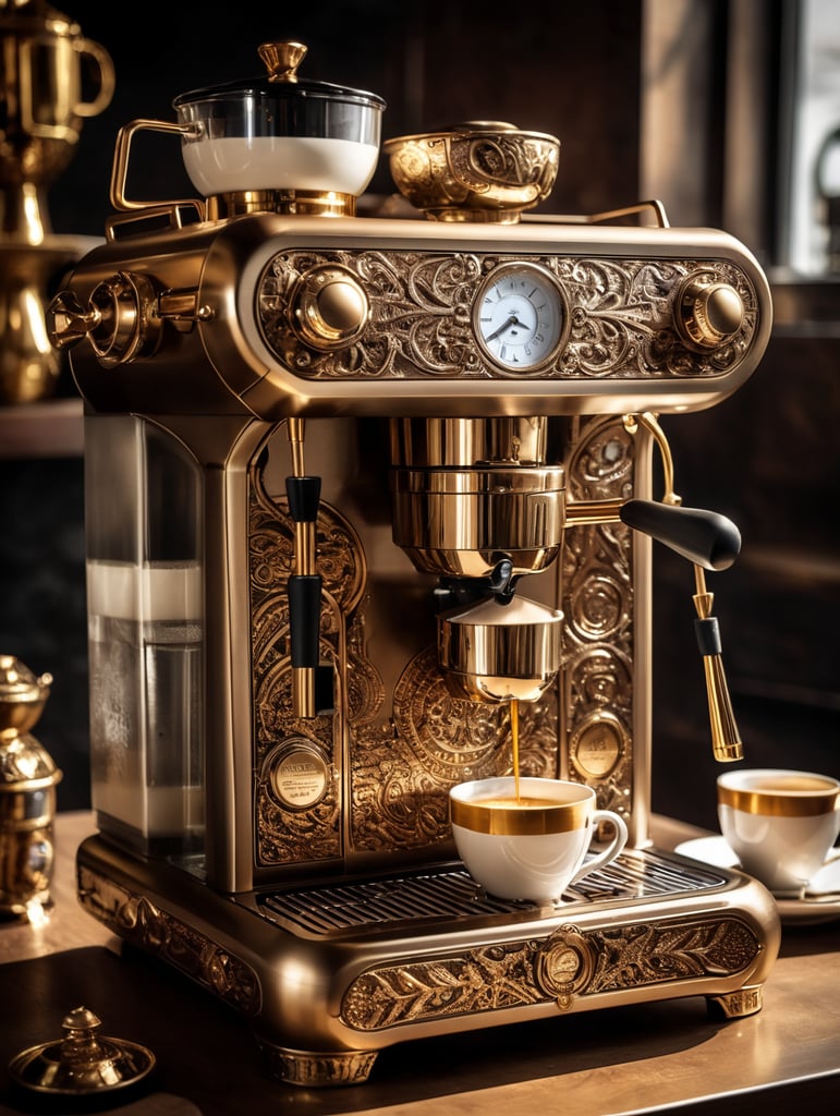 coffee maker made in steampunk style, decorated with gold, carved white plastic, ivory color, deep engraving