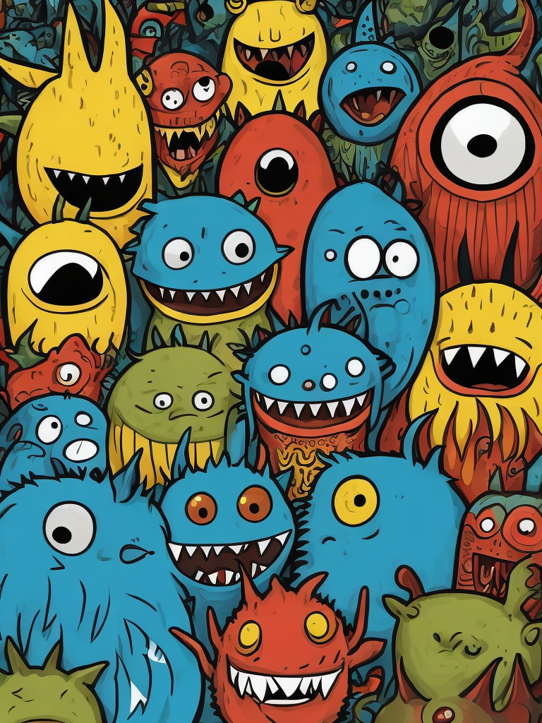 Many monsters, doodle art style, colorful, funny