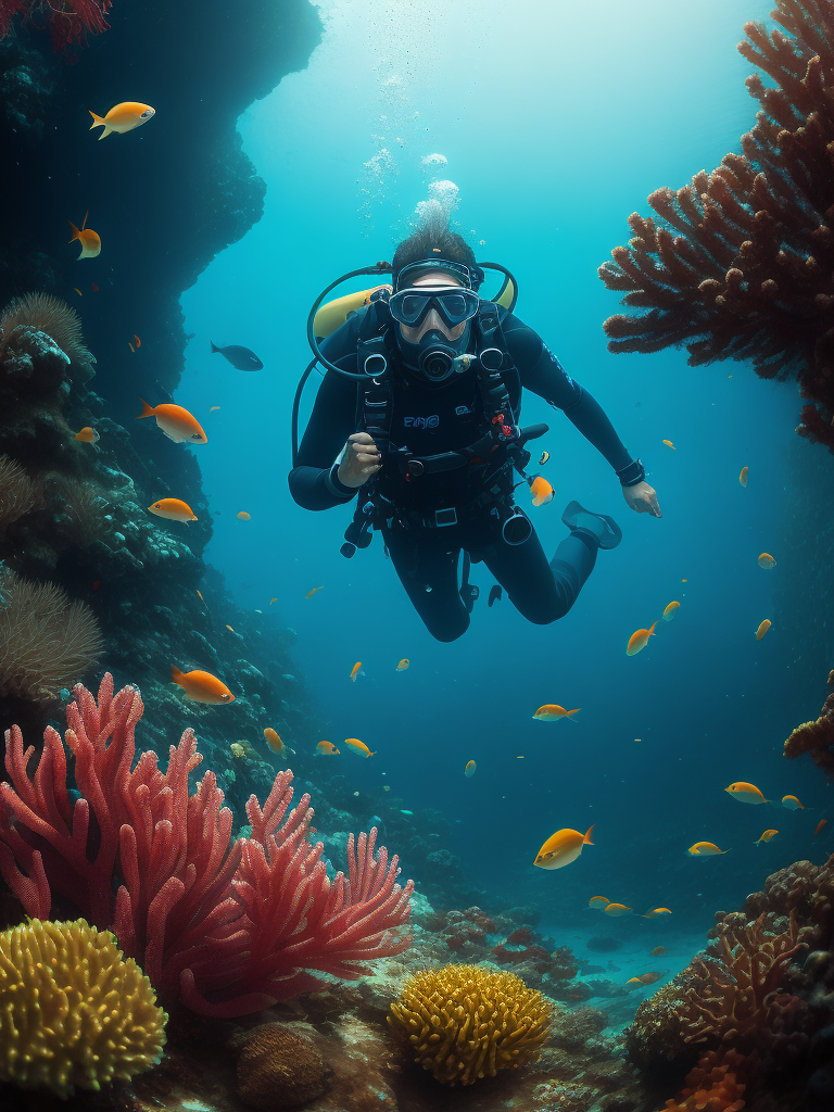 Scuba Diver in magical underwater scene with colorful coral reefs and exotic fish