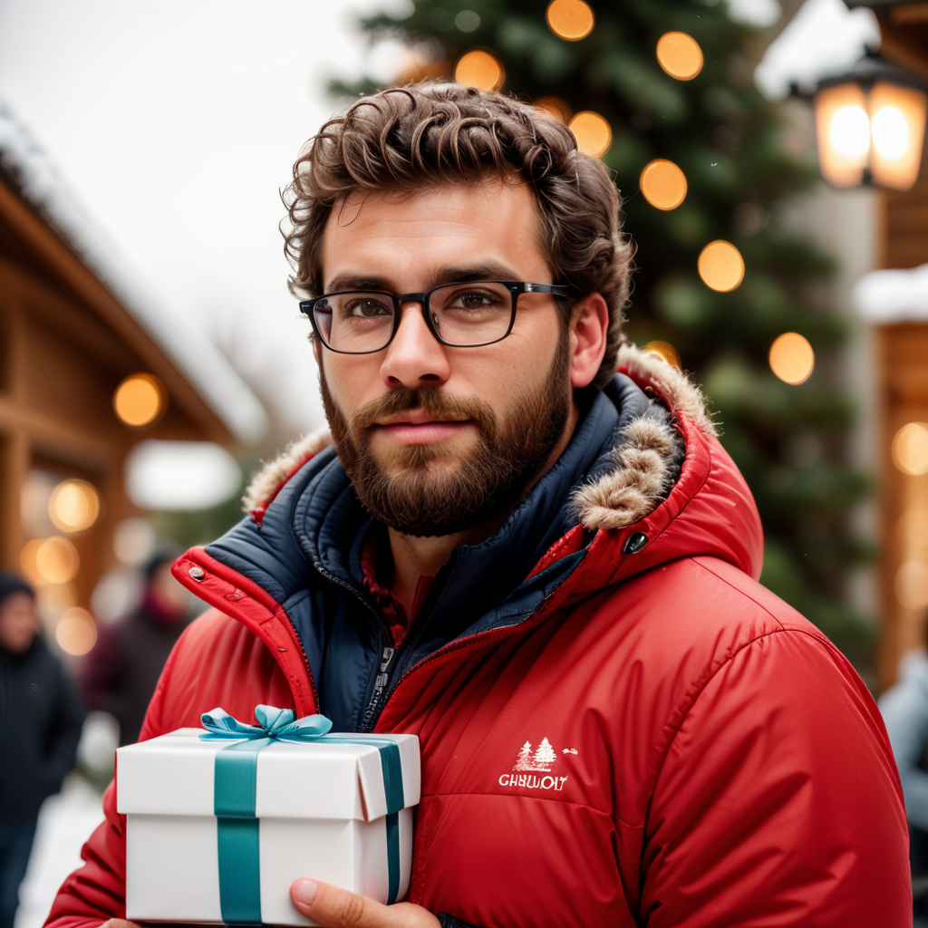 portrait of a bearded curly man wearing red puffer jacket, reeding glasses, stands front camera with gift box his hand, snowy weather, Christmas time, blurry background