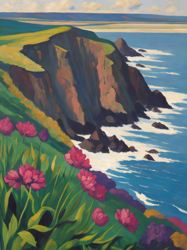 A painting by Andre Lhote. A painting of striking sea pinks, or thrift, along the coastal cliffs of Orkney combines Cubist and Fauvist styles to showcase the captivating beauty of these resilient flowers. The composition utilizes bold shapes and a palette of vivid pinks, blues, and greens, highlighting the contrast between the delicate blossoms and the dramatic, windswept landscape.