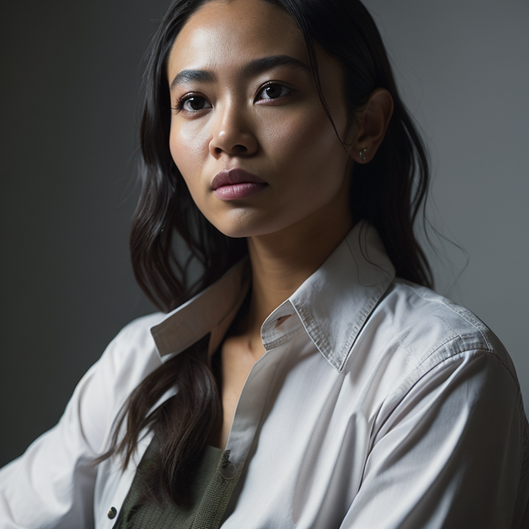 A portrait of a female Filipino creative professional in a studio with white background, midshot