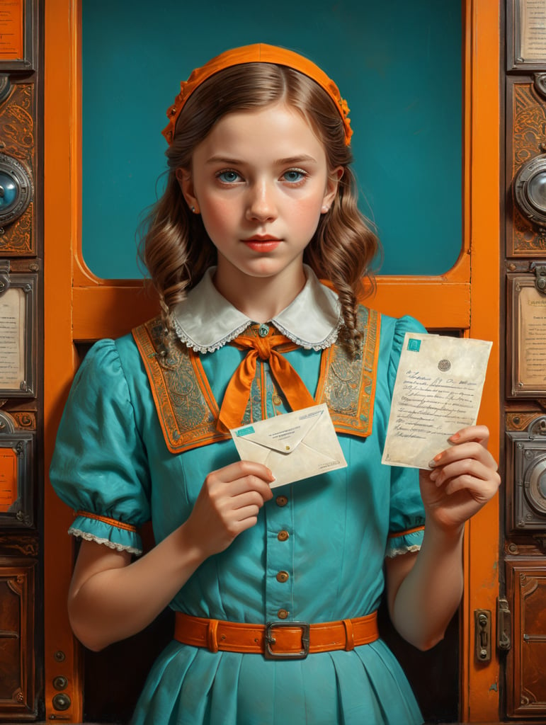 Vintage portrait of young girl holding a letter, Wes Anderson style, Incredibly high detail, Bright colors, turquoise, orange, yellow