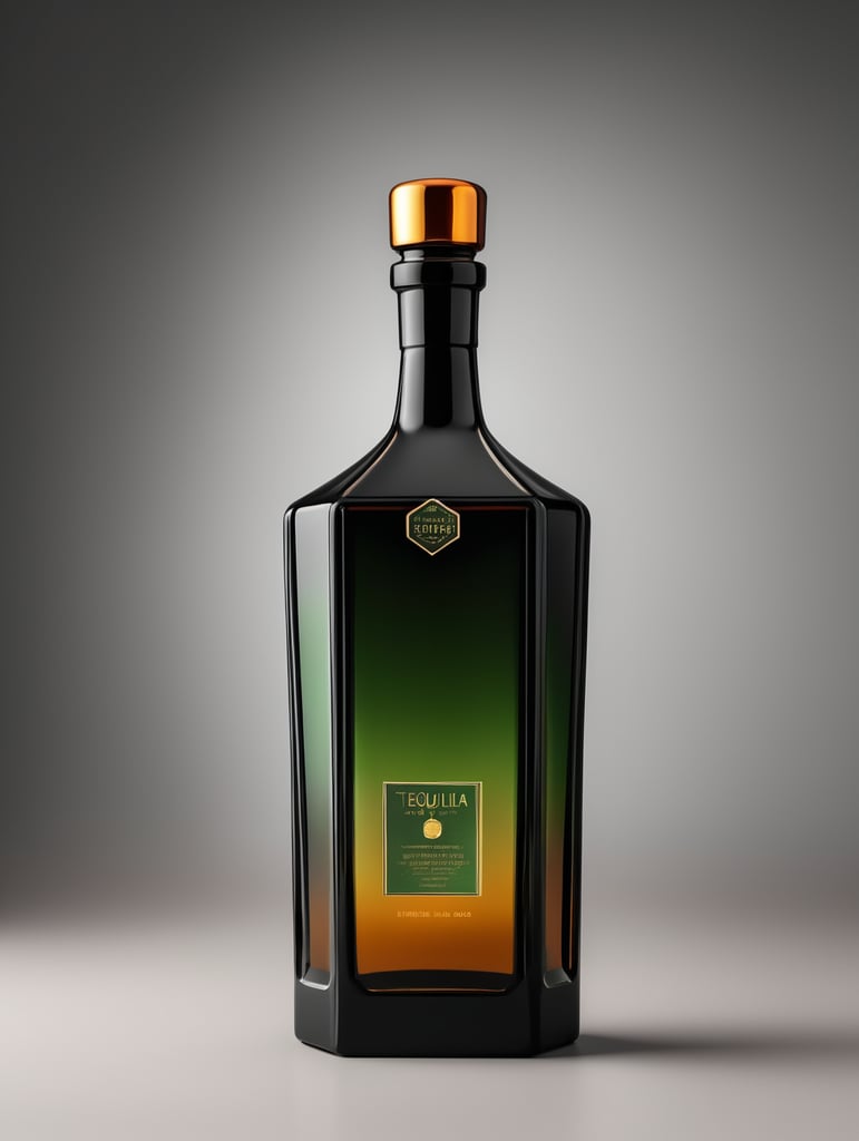 botella de tequila luxury de material ceramico negro con difuminado verde y ambar hexagonal y alta sin etiquetas, tapadera de con textura de basalto, mockup, mock up