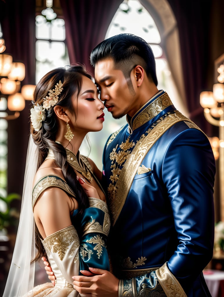 Ground lvl full body shot, hyper-realistic image of a beautiful asia couple, in posh haute couture dress, in action pose, extremely-ultra-detailed, noble hmong man noble kissing on a bride the forehead