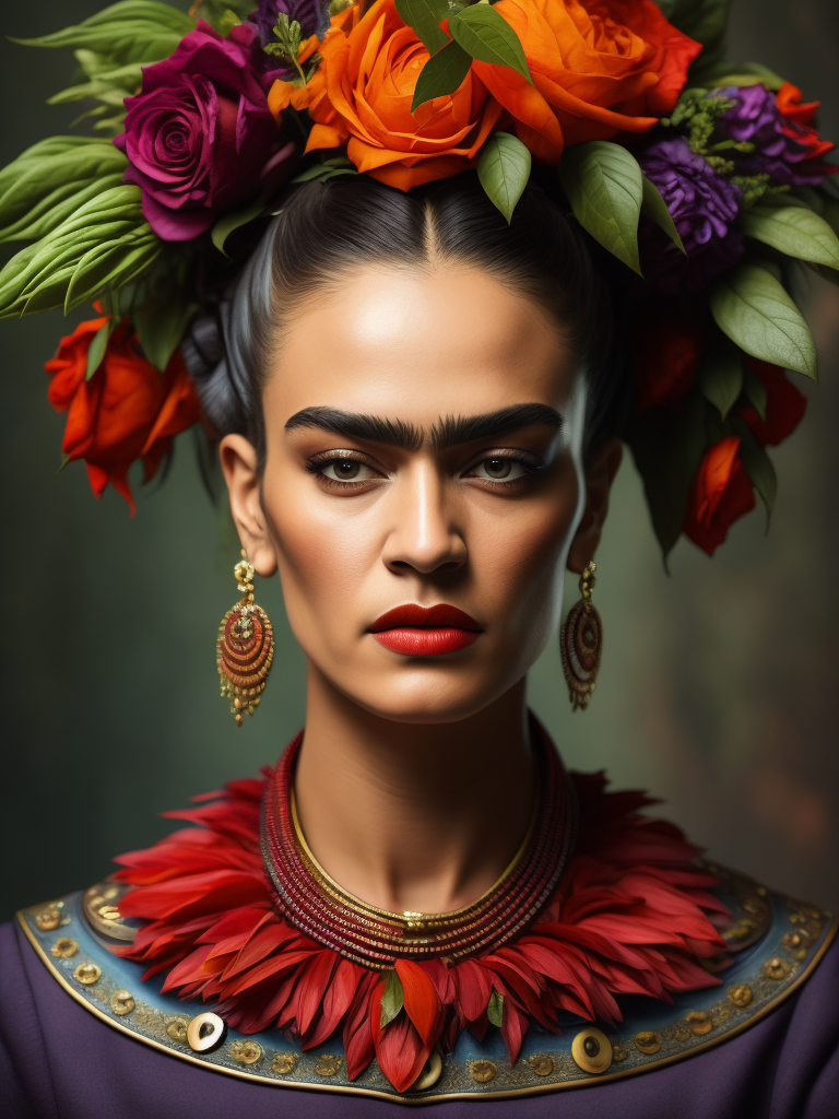 Portrait of Frida Kahlo, bright and saturated colors, elegant, highly detailed, vogue, fashion magazine, sharp focus, bright expressive makeup, dramatic lighting, depth of field, incredibly high detailed, blurred background, Headdress made of fine vegetables and herbs.