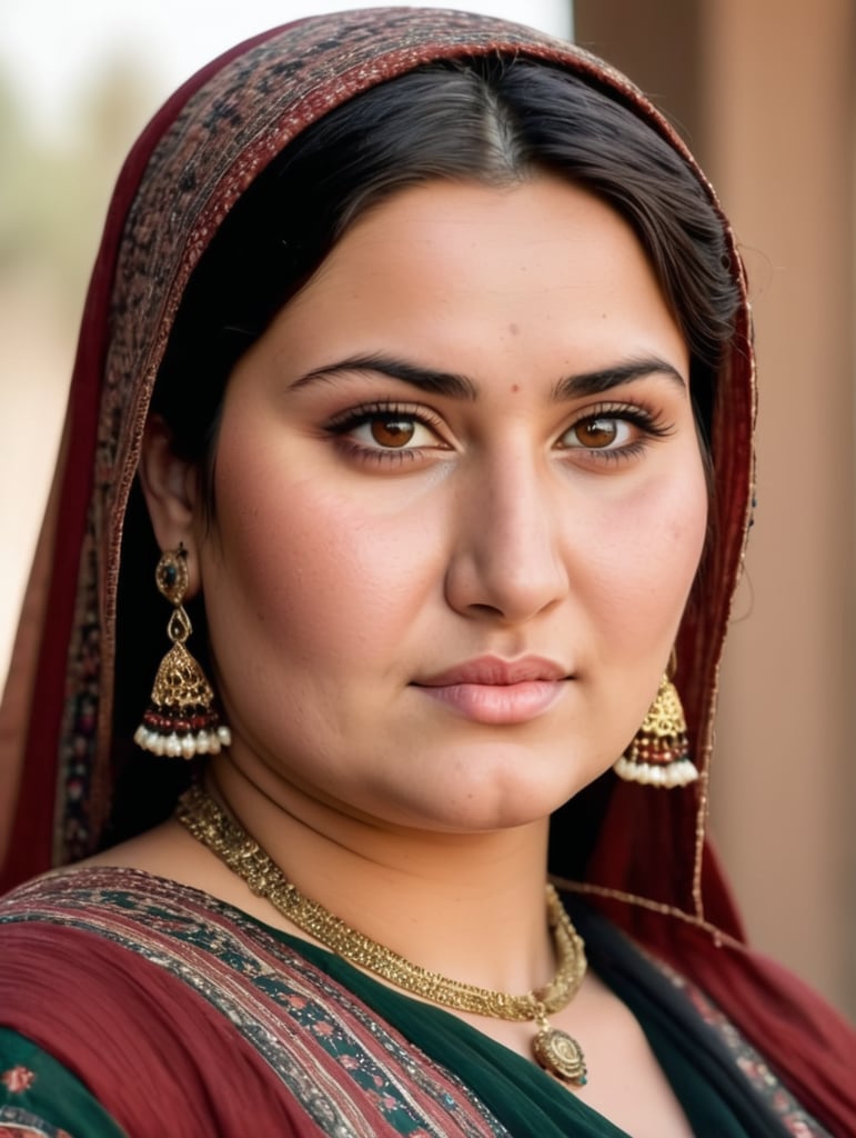 Fat Afghan pashtun woman with pakistani blood, overweight , , small breasts, high cheekbones, slight smile no teeth showing, brown skin, wearing traditional afghan clothes shining through, light makeup, hourglass figure, black hair