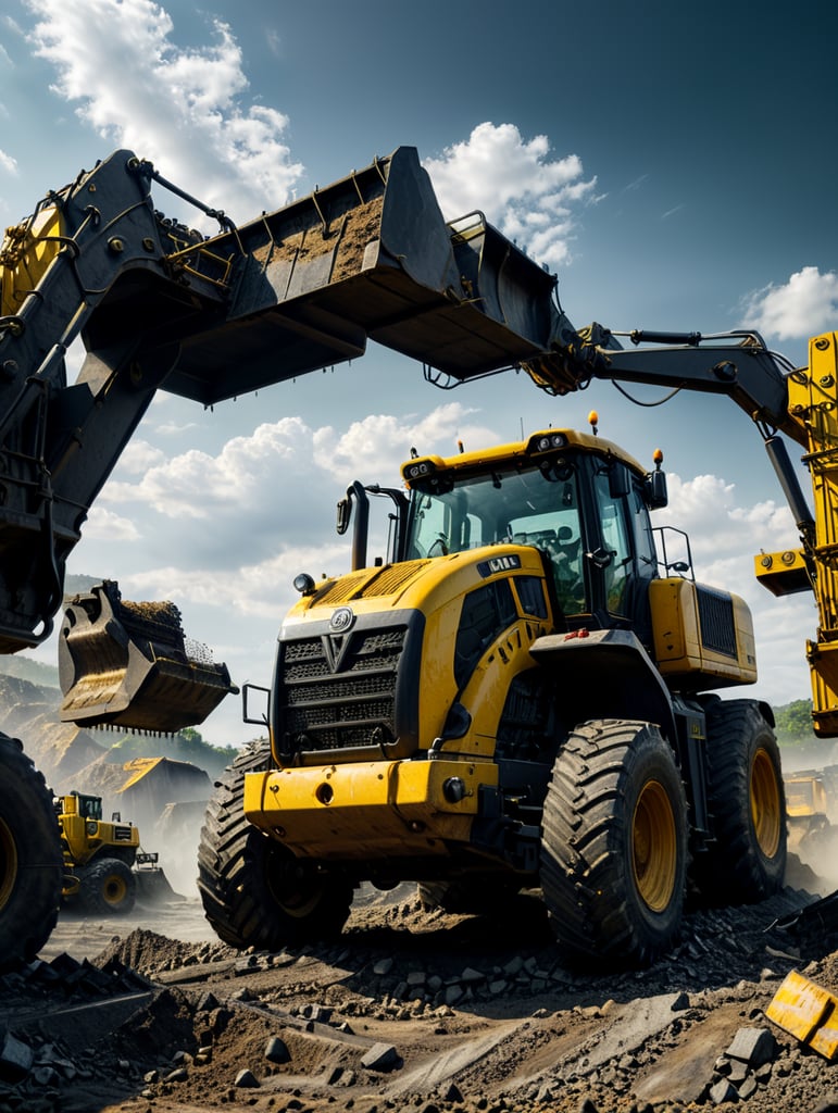 Working with a yellow bulldozer in summer