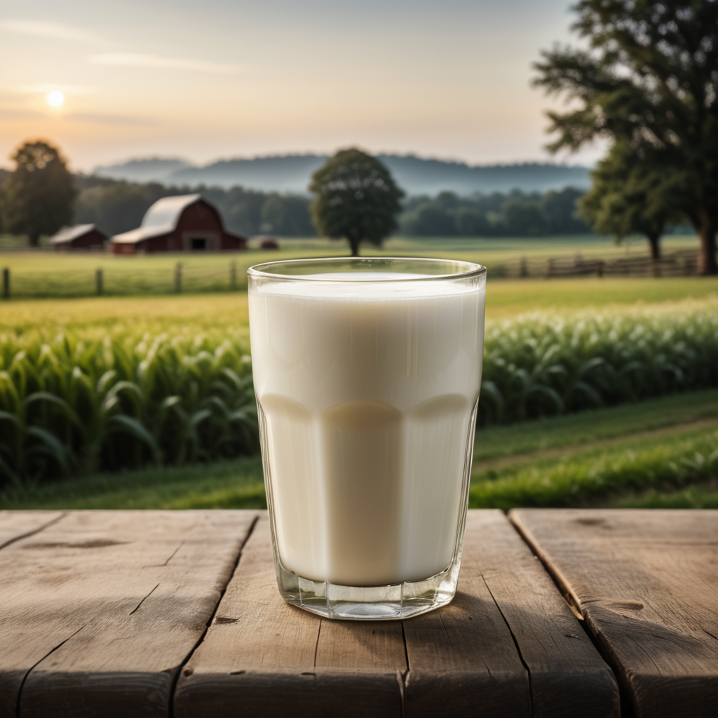A mockup of a glass of milk, farm blurred background