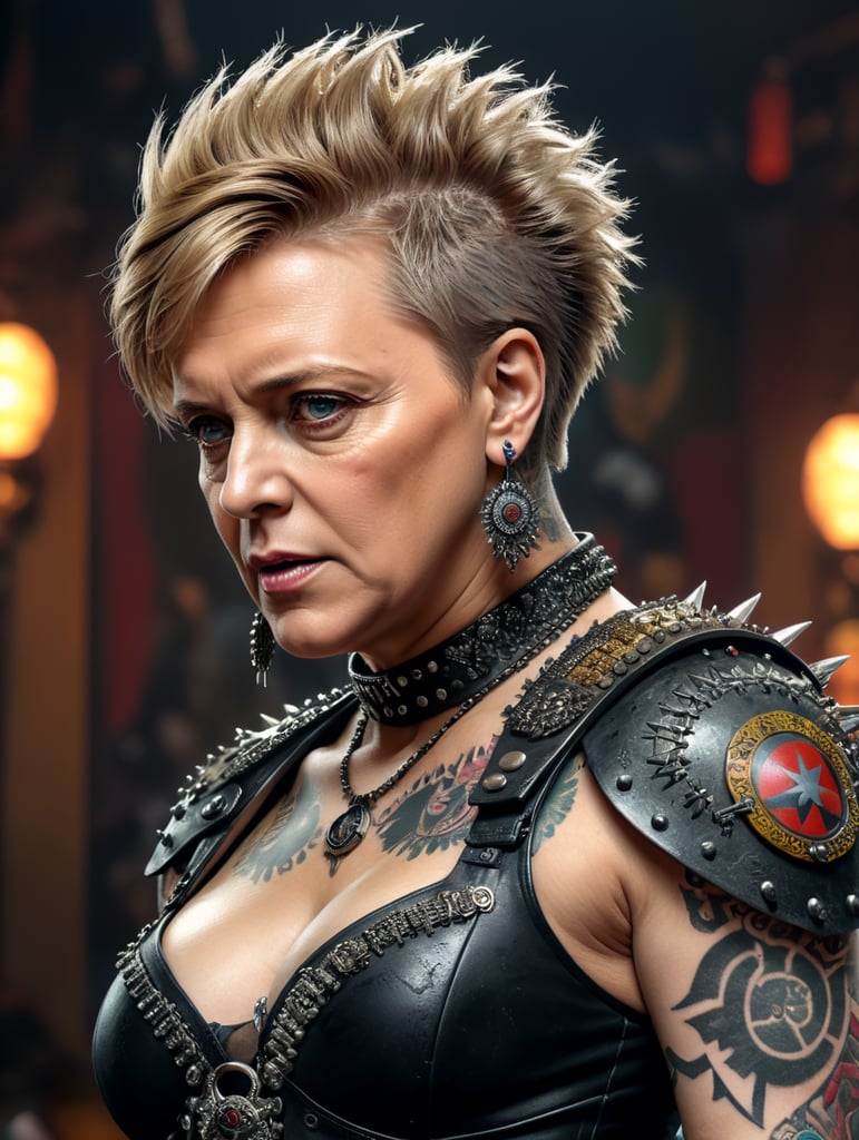 Angela Merkel as a punk rocker, mohawk, tattoos, piercing