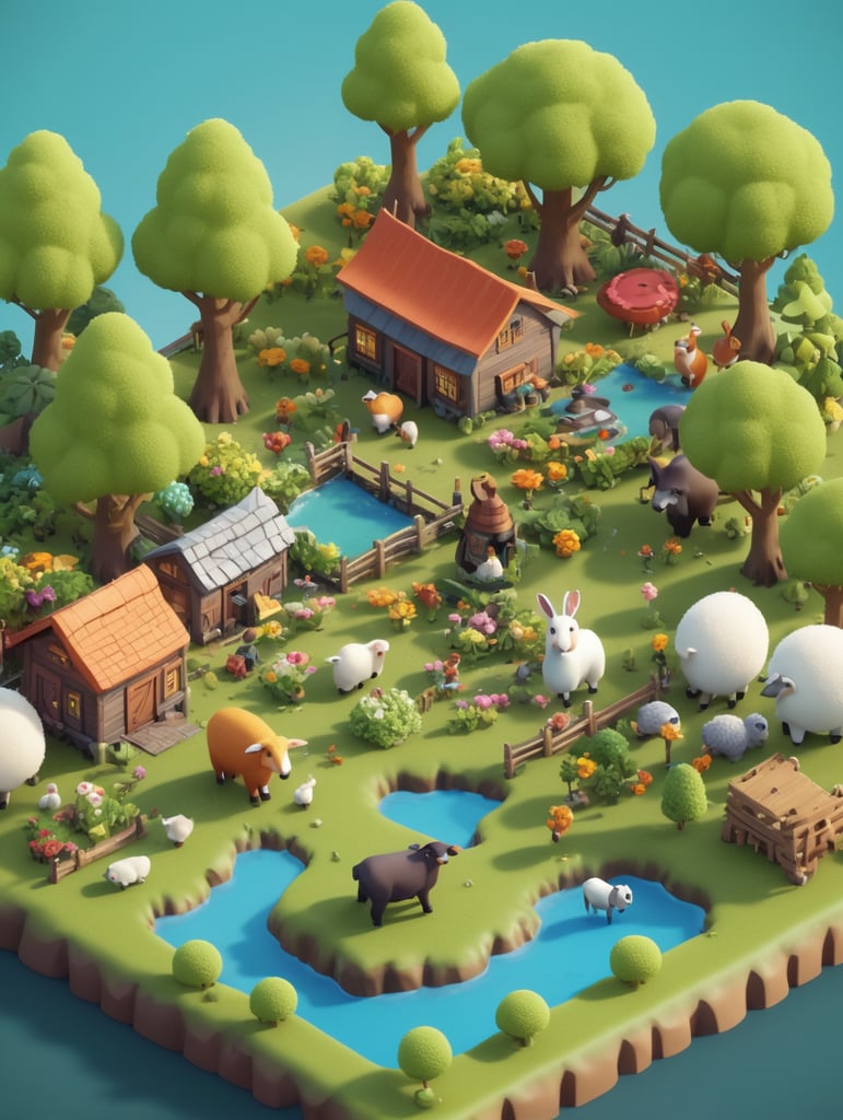 Detailed 3d farm island, fluffy trees, animals, working people, cute creatures, gathering place, flowers, game art style, 3d model, blender modeling, stylized, isometric, tinye style, cute, postcard style, miniatures