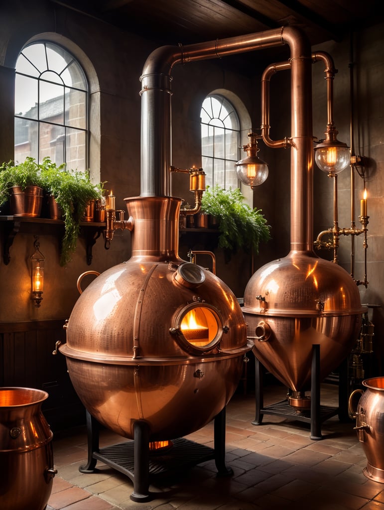 Close-up of a Copper distillation unit alembic, candles on the walls, Dim antique room for whiskey production, herbs and hops, old master sitting on a chair