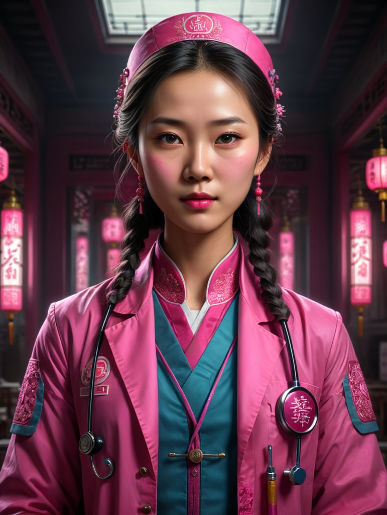 young Chinese doctor dressed in bright pink