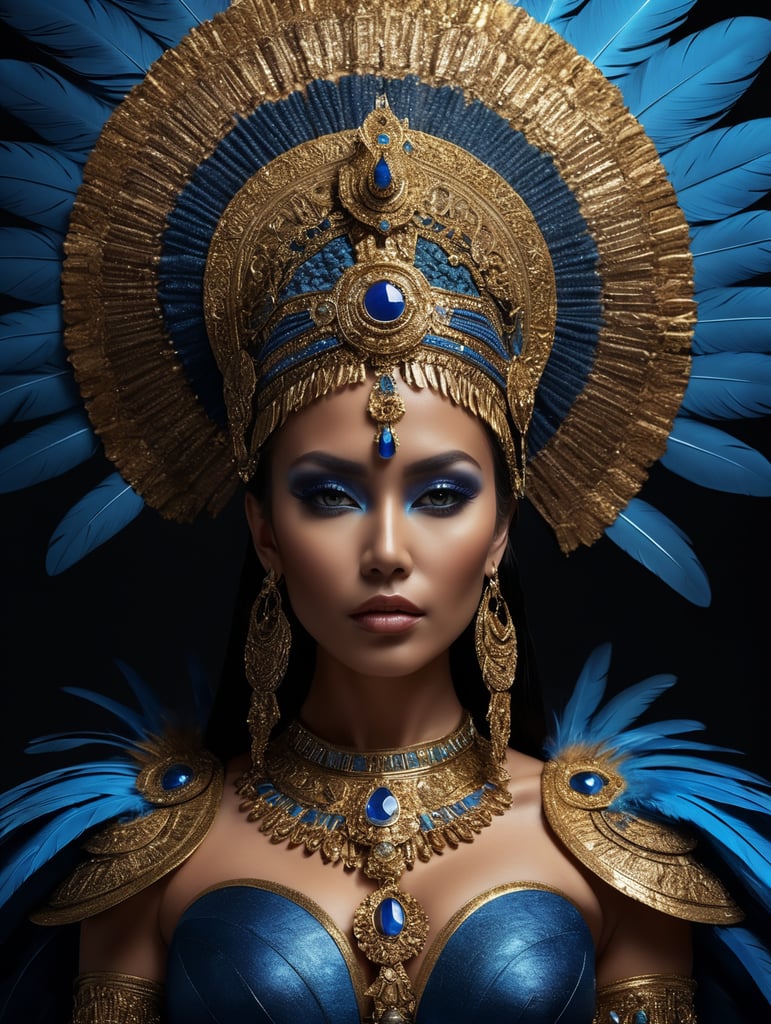 A tan skin mayan queen all blue and gold elaborate outfit, with huge headpiece center piece, blue gold makeup with oversized headdress with long bird feathers, with depth of field, fantastical edgy and regal themed outfit, captured in vivid colors, embodying the essence of fantasy, minimalist.