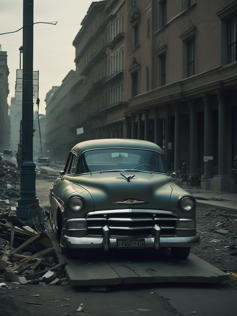 black and white photo of a 1952 Gray Chevrolet goes through bombed European city, world war 2