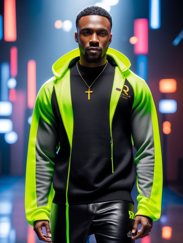 black man wearing black crewneck sweater, with the words CITRINE & CROIX on the center chest of the sweater, in a studio for a photo shoot, bright colours, high contrast, contrast lights