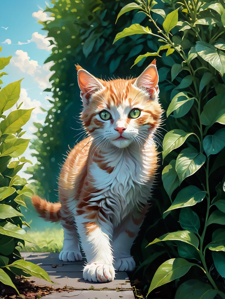 Close up of ginger kitten walking along the top of a neatly cut privet hedge with green leaves. Pale blue sky an wispy clouds.
